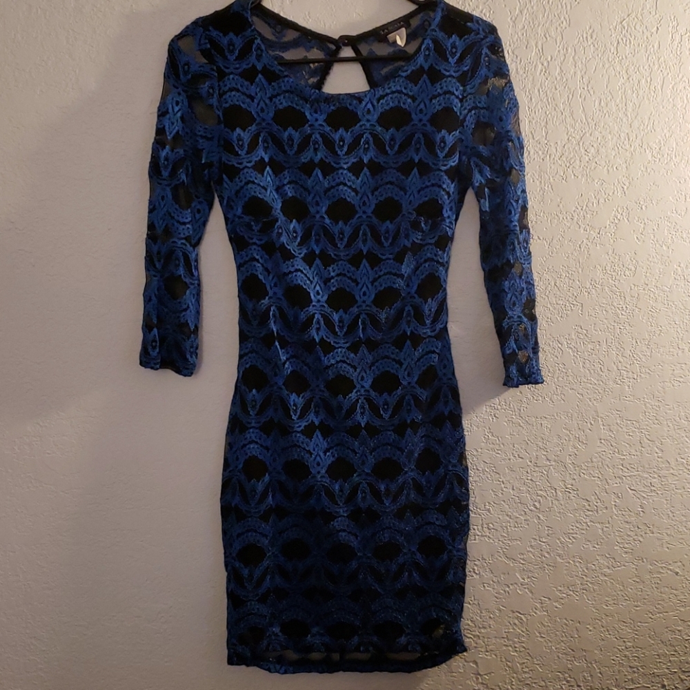 Lace, open back, blue and back dress